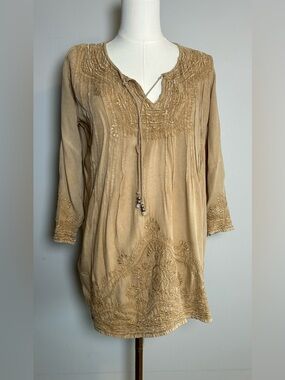 Solitaire Boho Embroidered Tunic Top Beige Rayon Peasant Blouse Size M